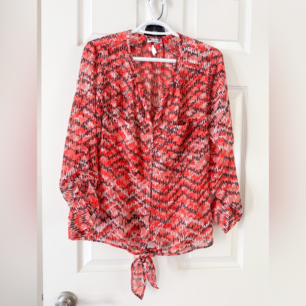Kut from the Kloth Red and White Tie Front 3/4 Sleeve Blouse,M,ptp 21